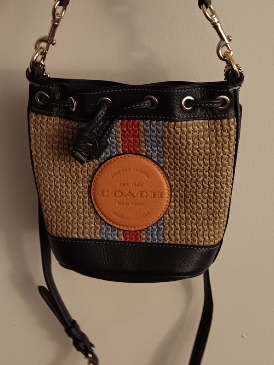 Coach Handbags - Coach Straw Bucket Crossbody with Black Trim and Red & Blue Stripes